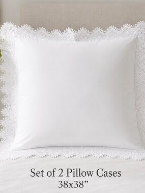 Set of 2 White Pillow Cases border crochet linen cotton blend 38x38